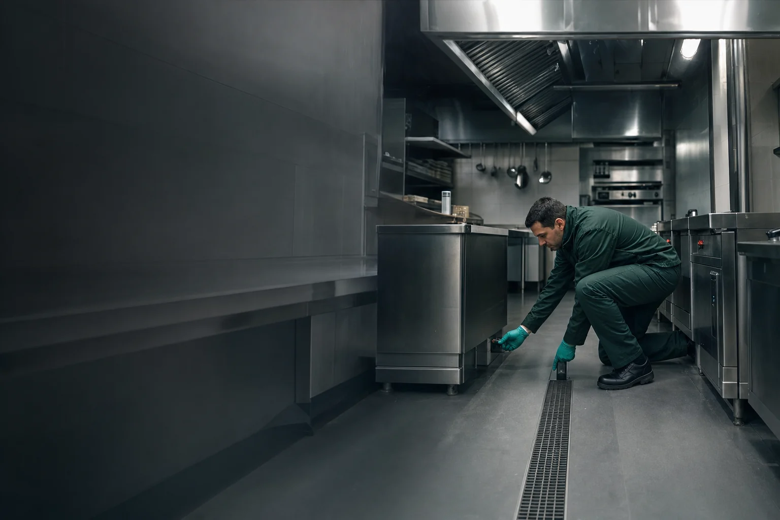 Técnico inspeccionando sectores bajos de una cocina industrial.