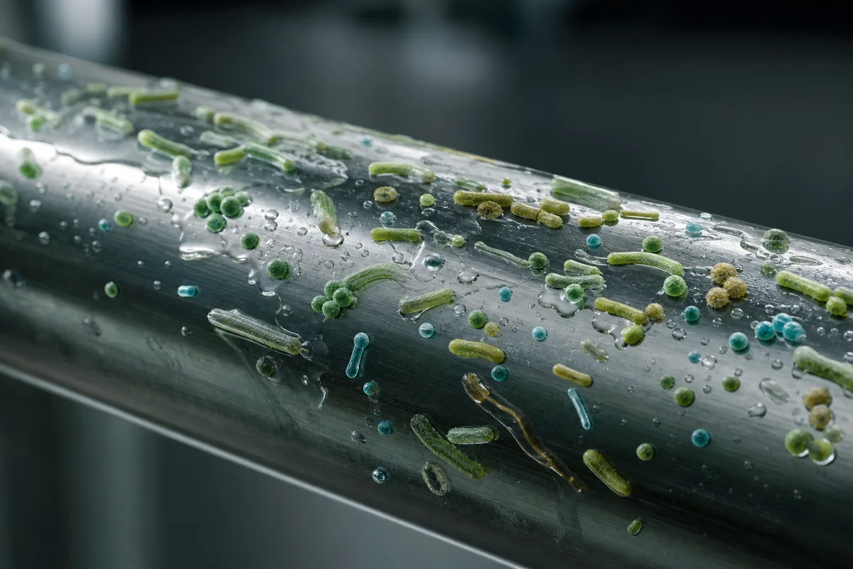 Bacterias en superficies y ambientes: ilustración científica original para educación ambiental