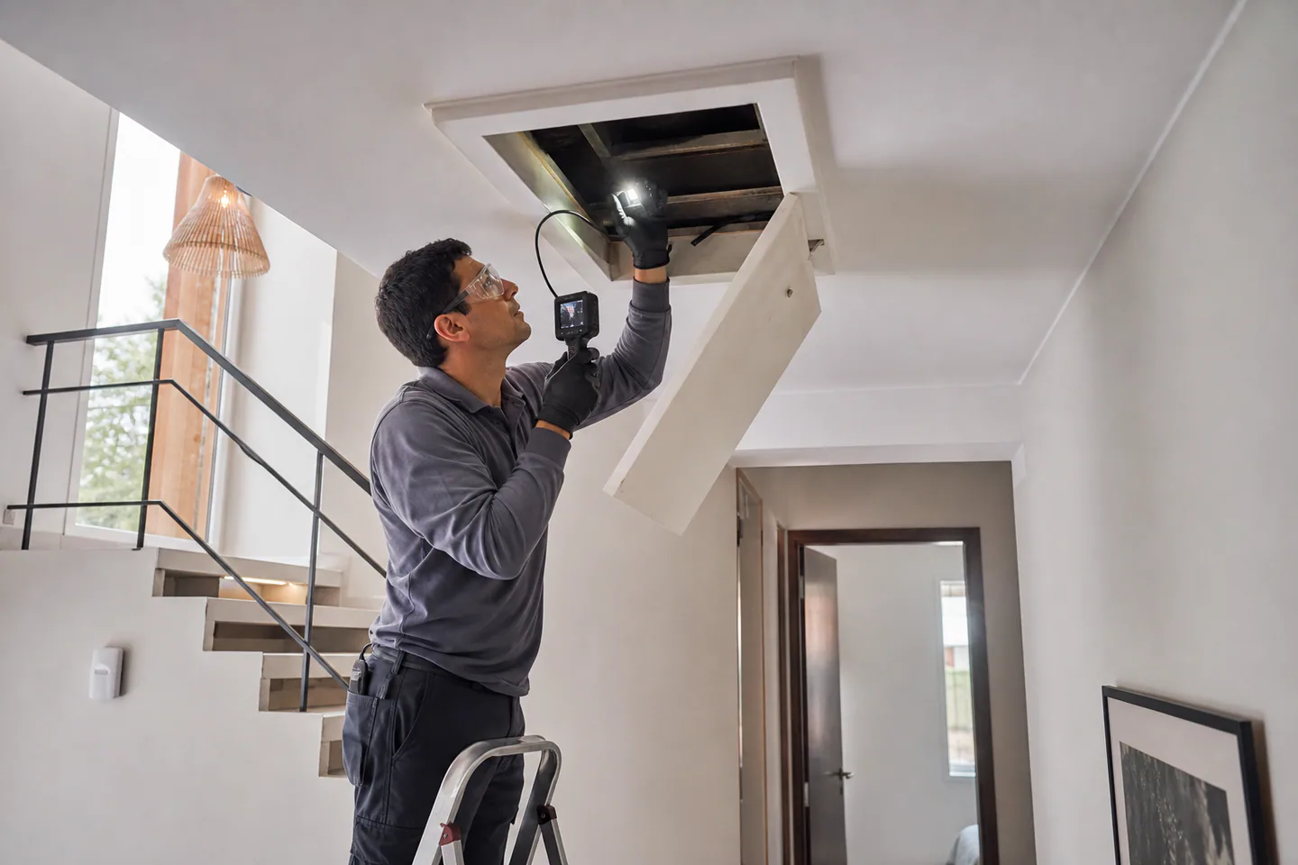Inspección profesional de un entretecho con cámara y linterna