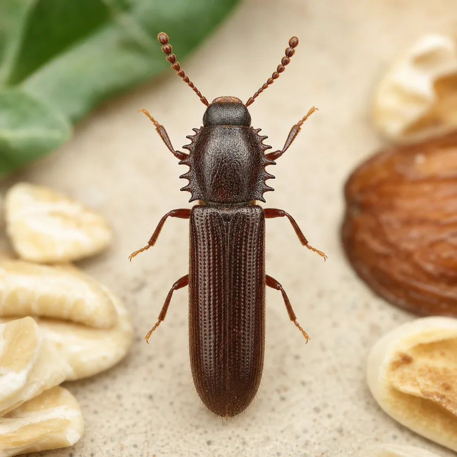Escarabajo aserrado de los granos (Oryzaephilus surinamensis) — imagen original Agroambiental para identificación orientativa
