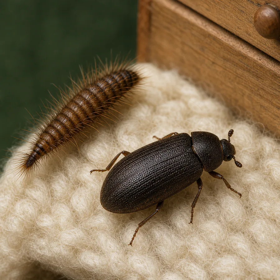 Escarabajo negro de alfombra (Attagenus spp.) — imagen original Agroambiental para identificación orientativa