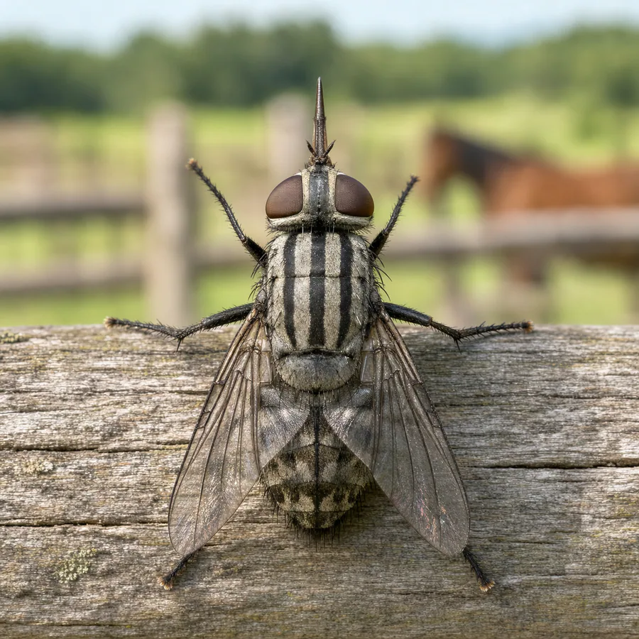 Mosca de establo (Stomoxys calcitrans) — imagen original Agroambiental para identificación orientativa
