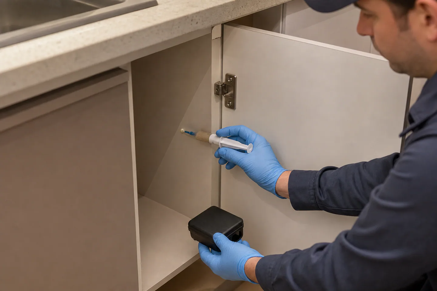 Aplicación localizada de gel y monitoreo bajo la mesada de una cocina