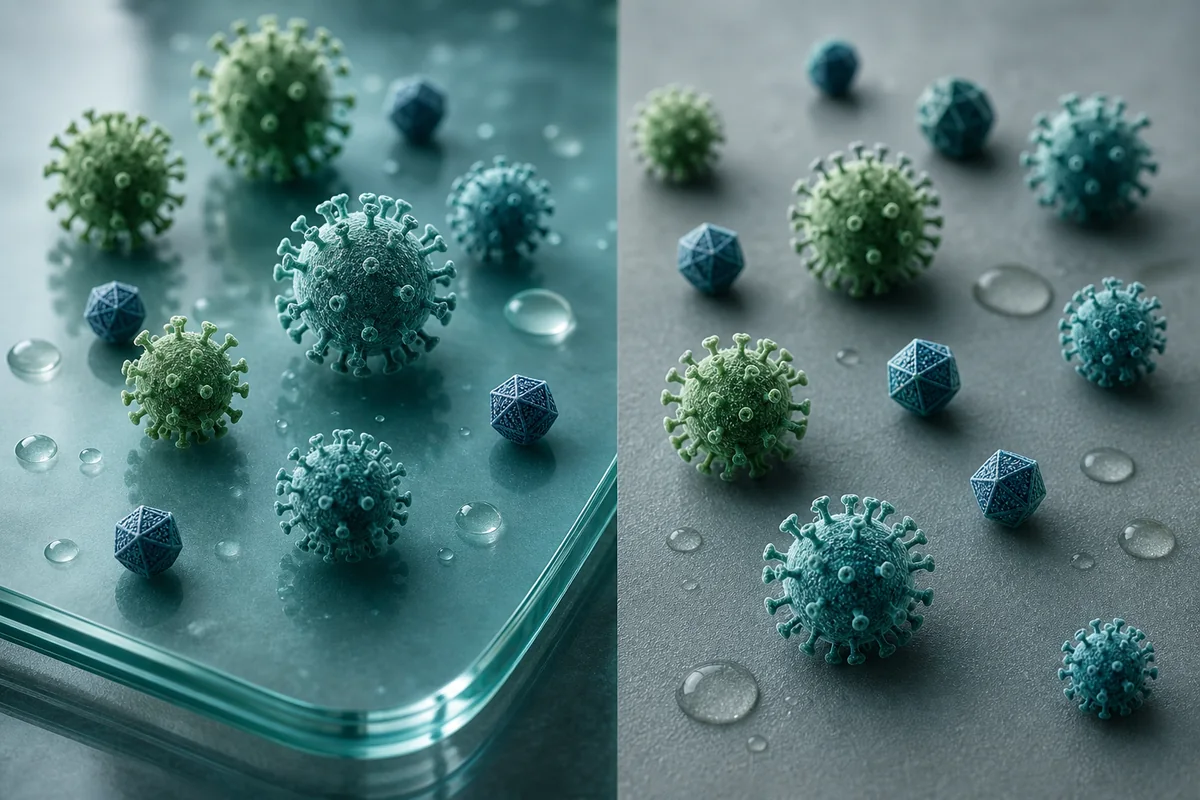 Virus en superficies y ambientes: ilustración científica original para educación ambiental