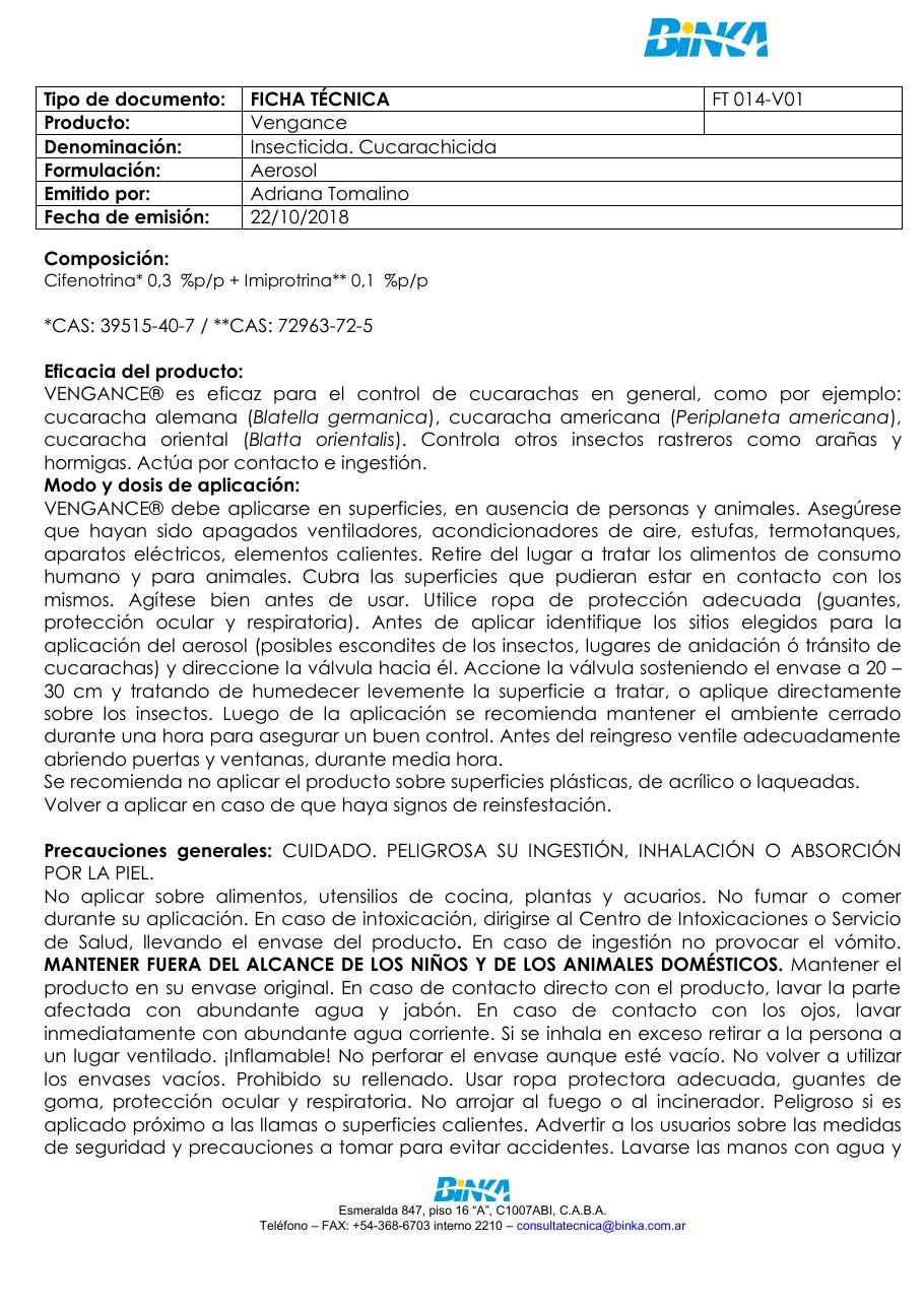 Vengance aerosol cucarachicida