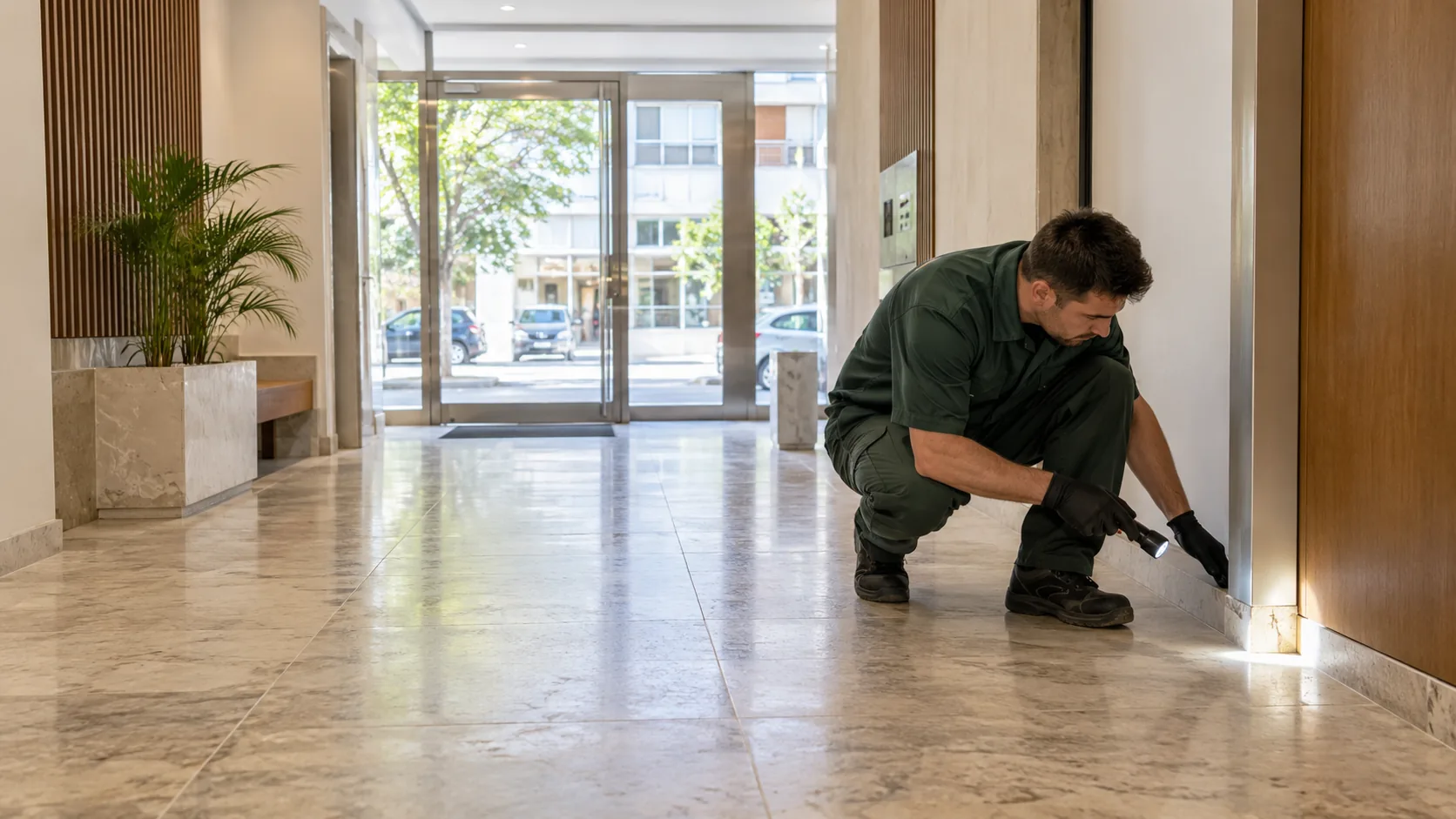Técnico inspeccionando zócalos y accesos en el hall de un edificio.