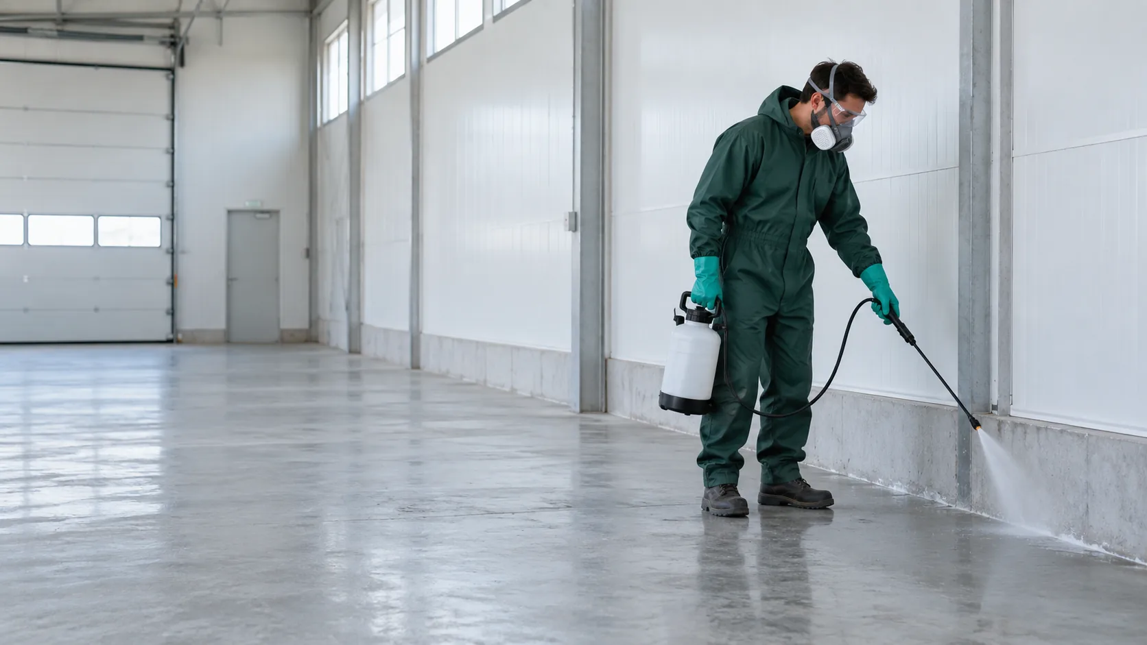 Técnico con protección aplicando desinfectante sobre superficies de un espacio industrial vacío.