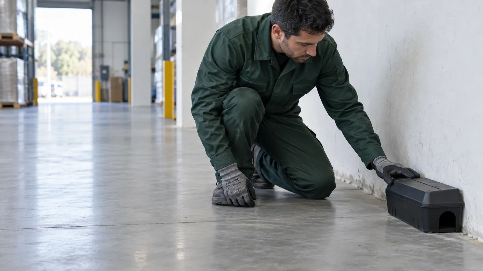 Técnico inspeccionando una estación protegida de control de roedores.