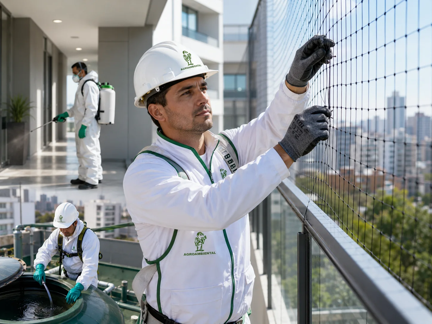 Instalación profesional de redes antipalomas en un edificio.