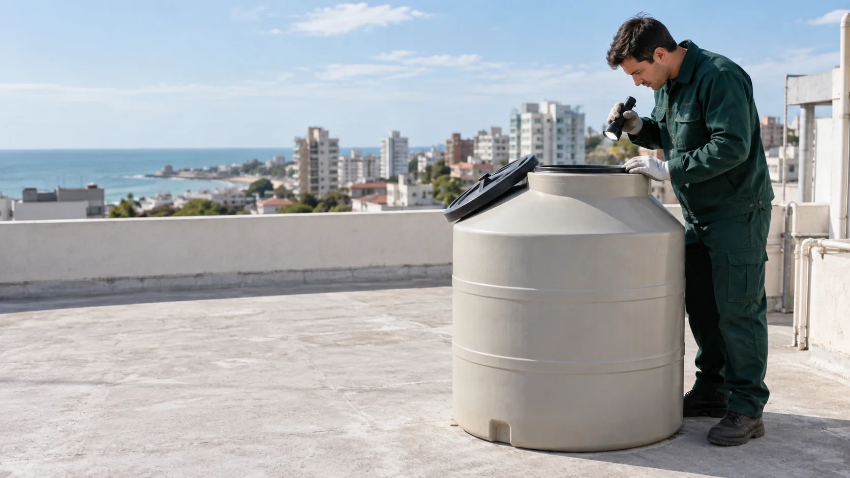 Técnico inspeccionando desde el exterior la abertura de un tanque de agua en una azotea.