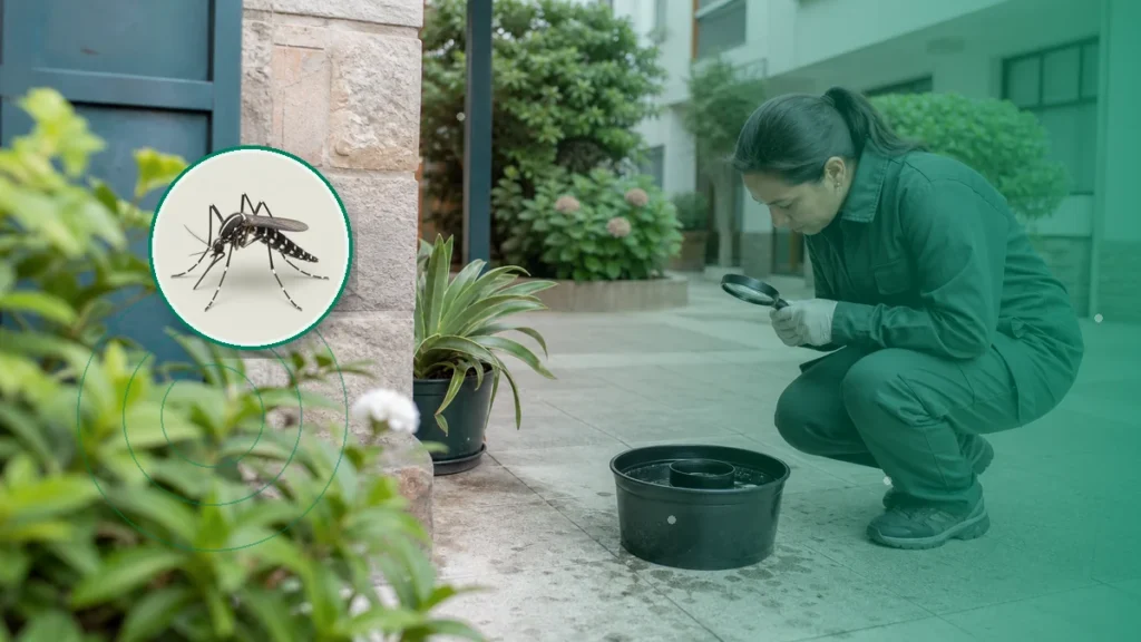 Técnica inspeccionando una ovitrampa y criaderos de mosquitos. Tema: Aedes albopictus en el Litoral: identificación y vigilancia sin alar (Misiones y Corrientes)