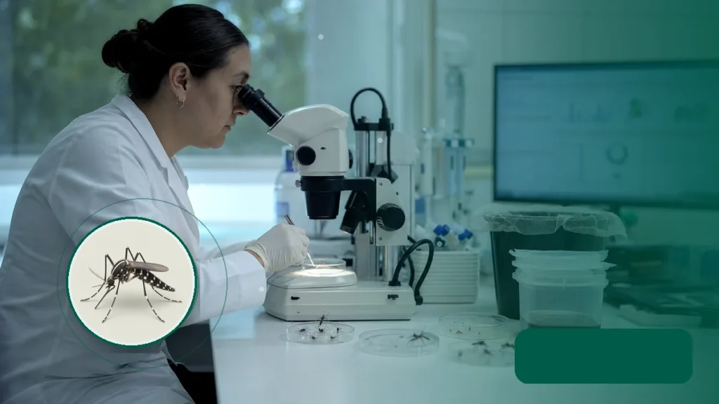 Investigadora examinando mosquitos en un laboratorio entomológico. Tema: Resistencia de Aedes aegypti: por qué fumigar no reemplaza eliminar criadero (NOA y NEA)