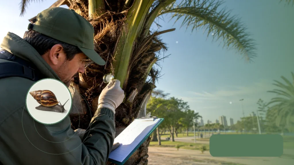 Especialista realizando vigilancia fitosanitaria en vegetación urbana. Tema: Caracol gigante africano en Misiones: cómo actuar ante una sospecha (Misiones)