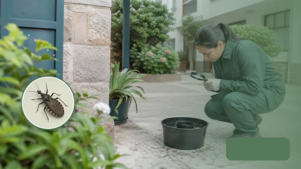 Técnica realizando una inspección preventiva de saneamiento ambiental. Tema: Chagas: vigilancia intensificada de vinchucas y seguimiento temprano (Argentina)