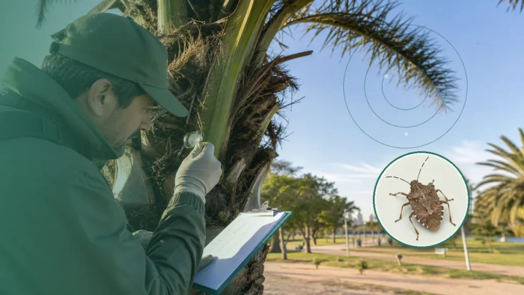 Especialista realizando vigilancia fitosanitaria en vegetación urbana. Tema: Chaqueta amarilla en Patagonia: ciclo estacional y prevención (Patagonia)