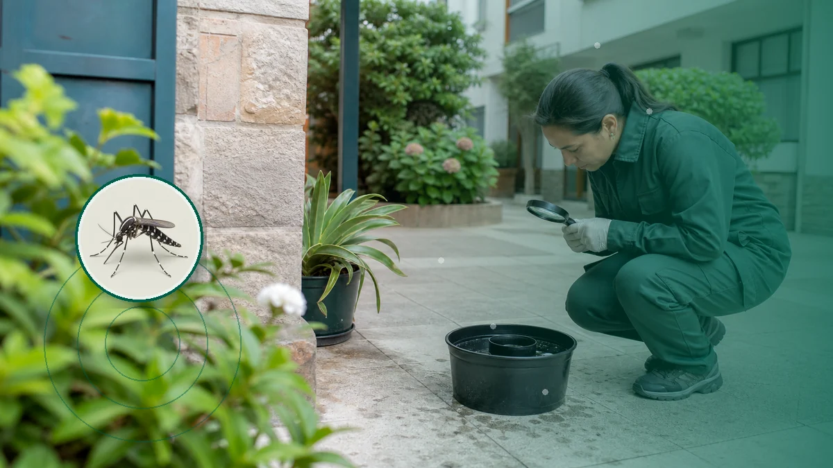 Técnica inspeccionando una ovitrampa y criaderos de mosquitos. Tema: Chikungunya y vigilancia de mosquitos en Mar del Plata (Mar del Plata)