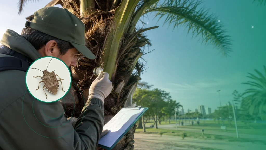 Especialista realizando vigilancia fitosanitaria en vegetación urbana. Tema: Chinche marmolada: una especie bajo vigilancia, no una presenc (Puertos y fronteras)