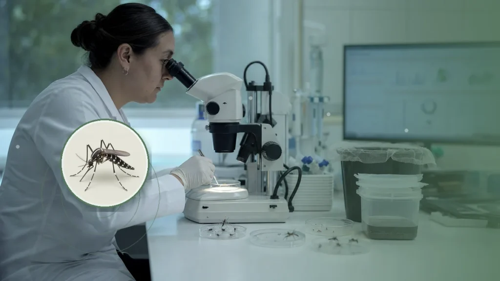 Investigadora examinando mosquitos en un laboratorio entomológico. Tema: Cierre de la temporada 2023-2024: qué aporta la vigilancia genómica (Argentina)