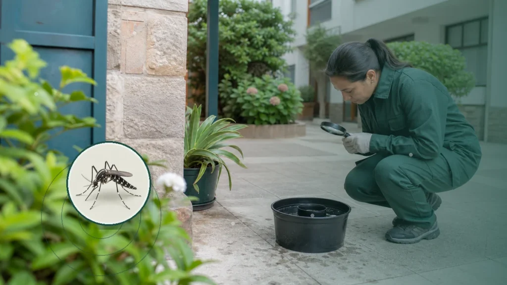 Técnica inspeccionando una ovitrampa y criaderos de mosquitos. Tema: Balance 2024-2025: más sensores y decisiones antes del pico (Argentina)