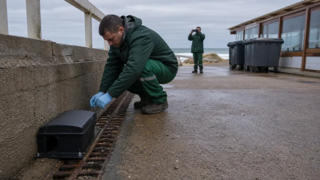 Técnico revisando una estación protegida de monitoreo junto a la costa de Mar del Plata.