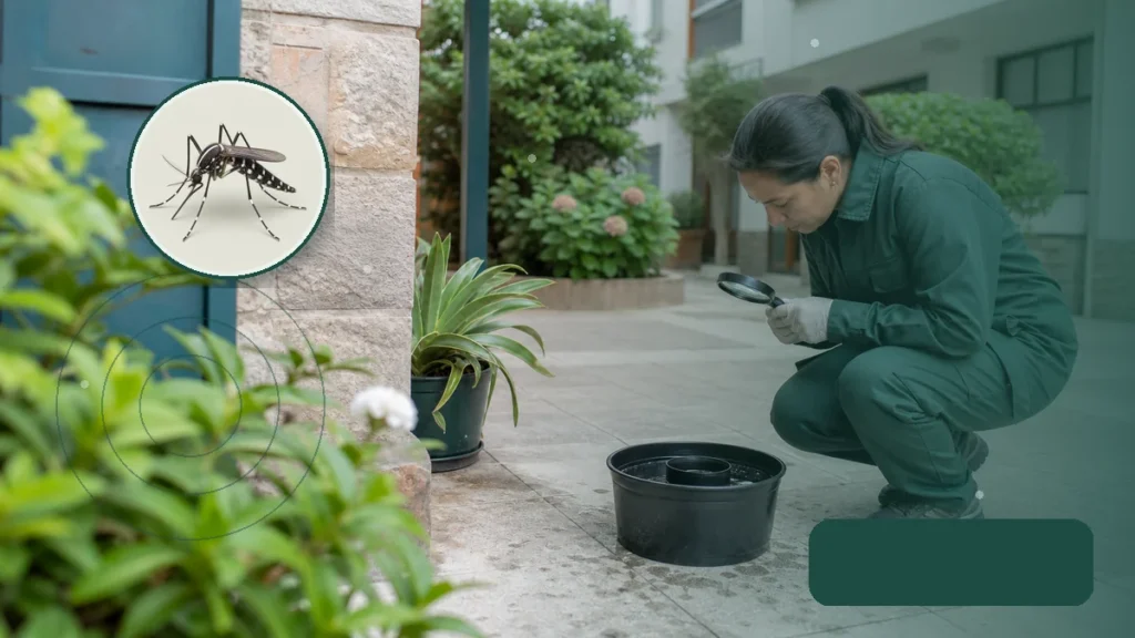 Técnica inspeccionando una ovitrampa y criaderos de mosquitos. Tema: Preparación frente al dengue: capacitar antes de la temporada (Argentina)
