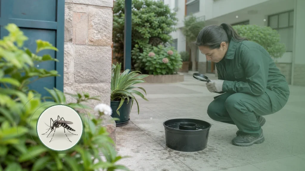 Técnica inspeccionando una ovitrampa y criaderos de mosquitos. Tema: Calor y dengue: medidas ambientales que sí reducen criaderos (Argentina)