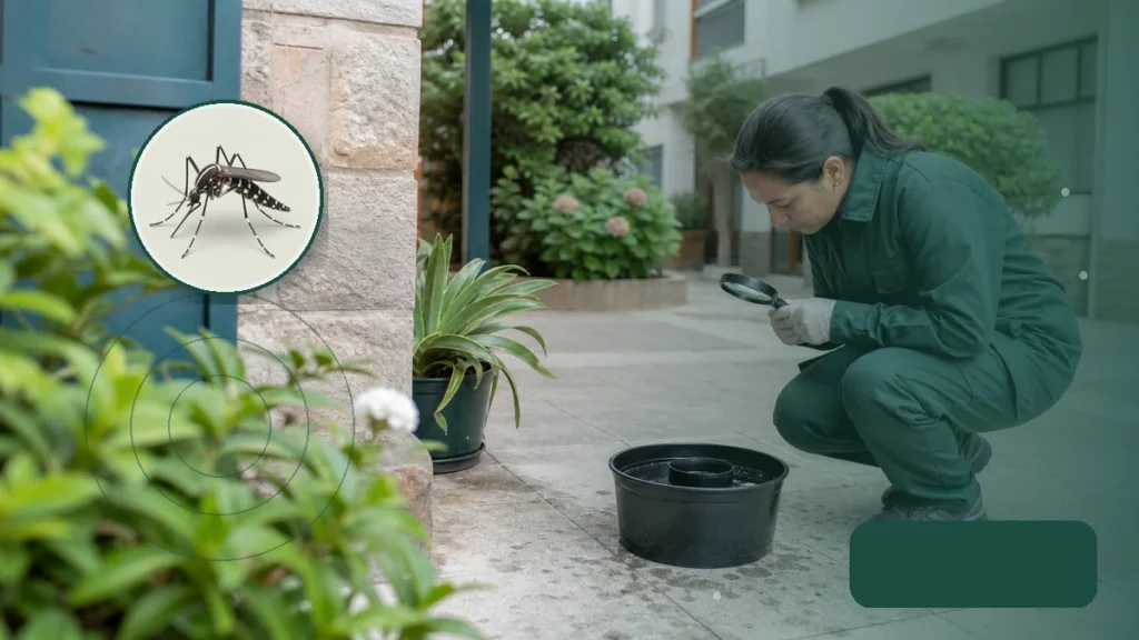 Técnica inspeccionando una ovitrampa y criaderos de mosquitos. Tema: Etapa interepidémica 2024: por qué importa la fecha del informe (Chaco y Formosa)