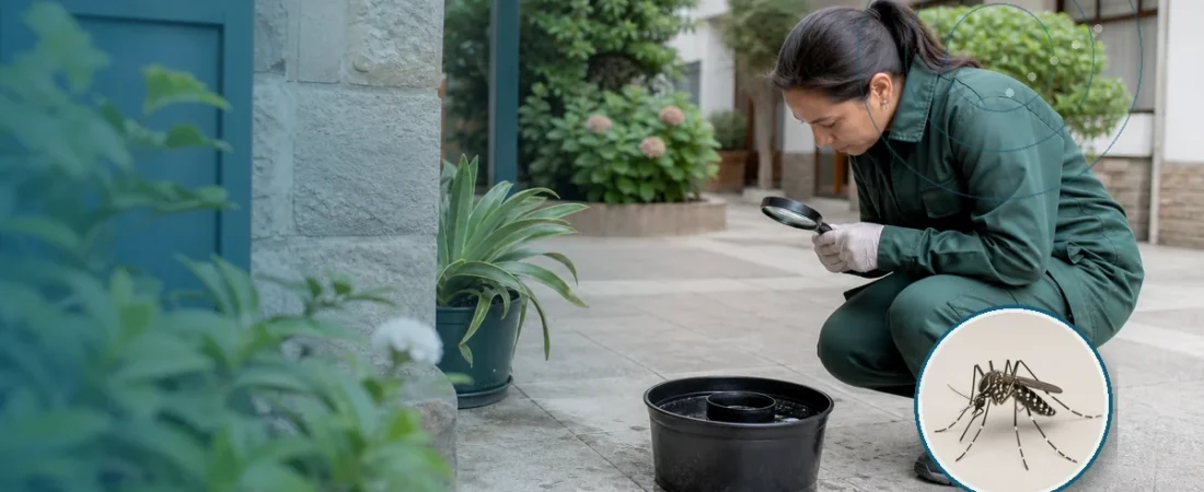 Técnica inspeccionando una ovitrampa y criaderos de mosquitos. Tema: Dengue en invierno: cómo eliminar criaderos de Aedes (Mar del Plata)