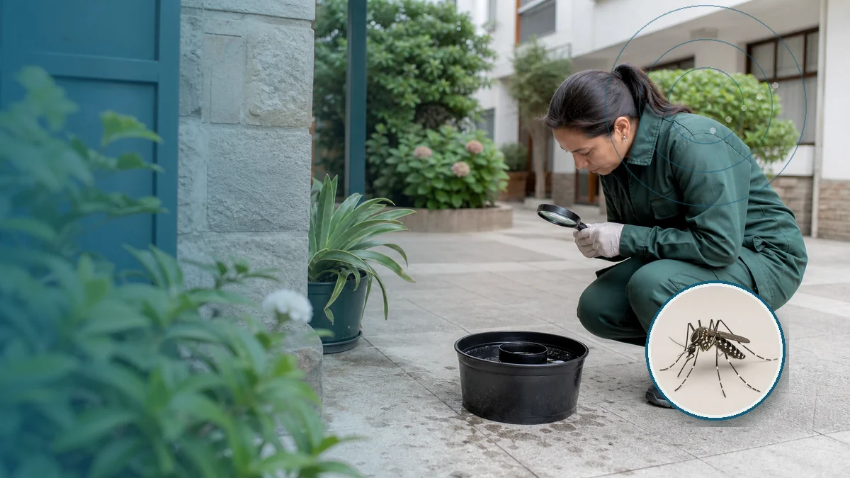 Técnica inspeccionando una ovitrampa y criaderos de mosquitos. Tema: Dengue en invierno: cómo eliminar criaderos de Aedes (Mar del Plata)