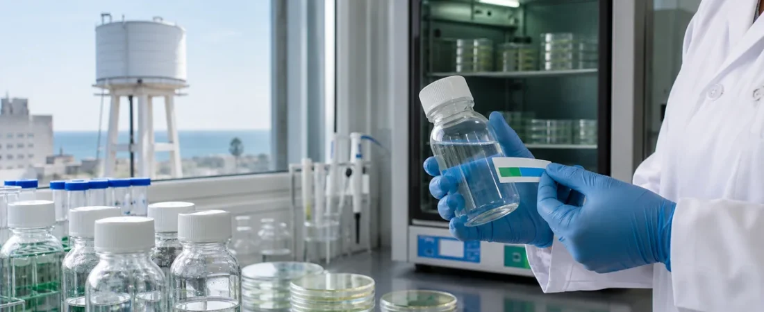 Profesional de laboratorio identificando una muestra estéril para el examen bacteriológico de agua de un tanque