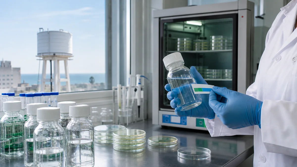 Profesional de laboratorio identificando una muestra estéril para el examen bacteriológico de agua de un tanque