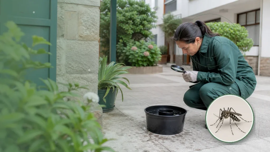 Técnica inspeccionando una ovitrampa y criaderos de mosquitos. Tema: Fiebre amarilla: vigilancia de mosquitos y primates ante actividad re (NEA, NOA y fronteras)
