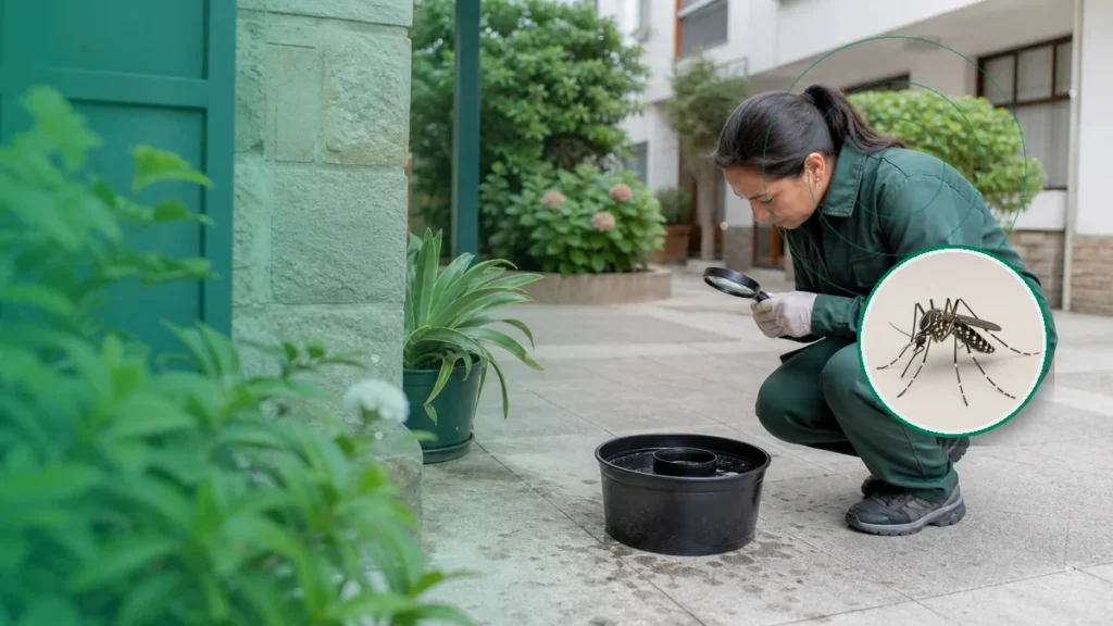 Técnica inspeccionando una ovitrampa y criaderos de mosquitos. Tema: Boletín local 2024: cómo leer los casos atendid (General Pueyrredon y Región Sanitaria VIII)