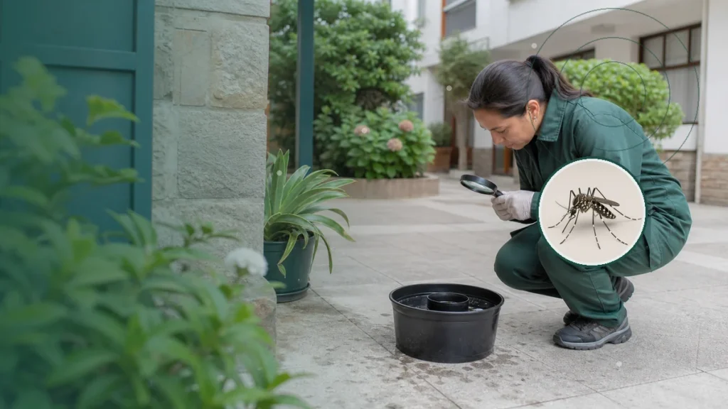Técnica inspeccionando una ovitrampa y criaderos de mosquitos. Tema: Muestreo domiciliario y espacios públicos: así se refor (Mar del Plata y General Pueyrredon)