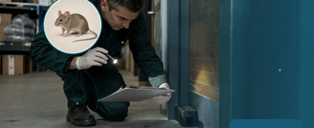 Técnico revisando indicios y una estación protegida para roedores. Tema: Hantavirus y prevención de roedores en Mar del Plata (Mar del Plata)