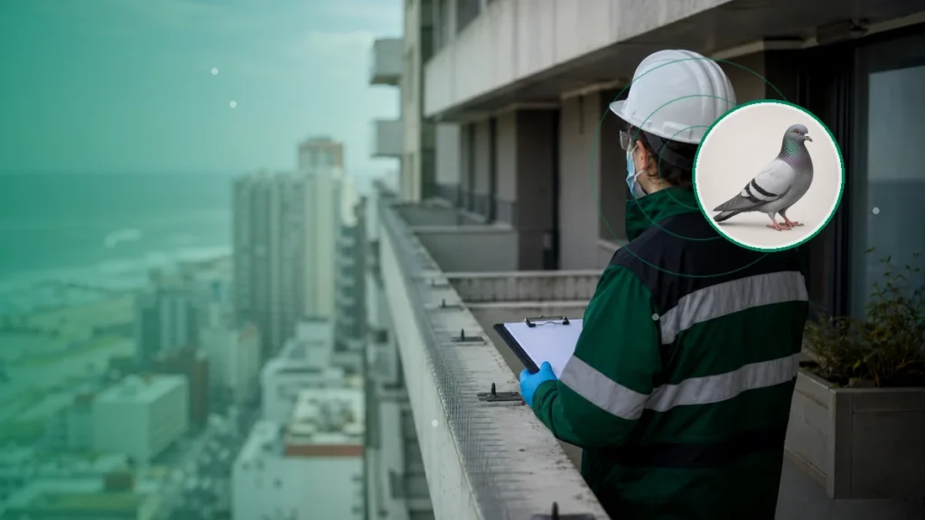 Técnica evaluando puntos de posado y exclusión de aves en un edificio. Tema: Influenza aviar 2026: cómo actuar ante aves enfermas o muertas (Buenos Aires y CABA)