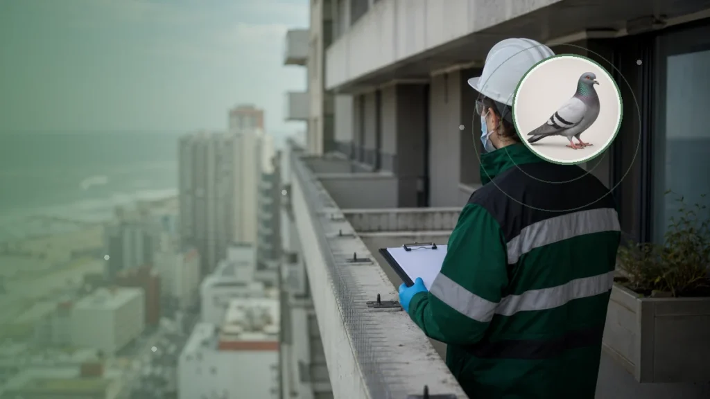 Técnica evaluando puntos de posado y exclusión de aves en un edificio. Tema: Influenza aviar: el muestreo ambiental como alerta temprana (Argentina)