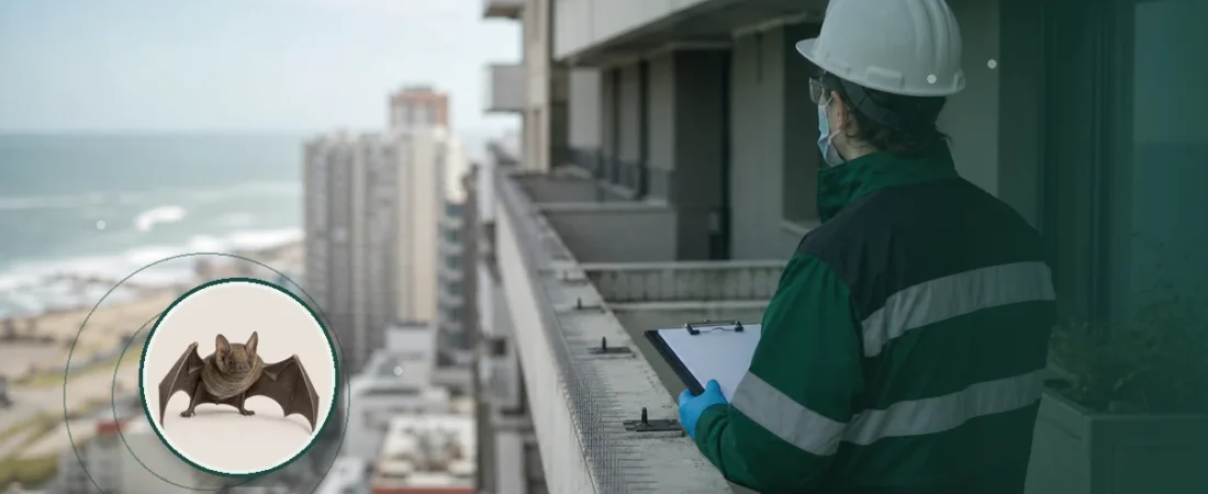 Técnica evaluando puntos de posado y exclusión de aves en un edificio. Tema: Influenza aviar: prevención ambiental en Argentina (Argentina)
