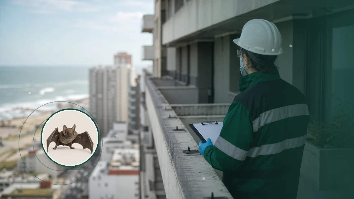 Técnica evaluando puntos de posado y exclusión de aves en un edificio. Tema: Influenza aviar: prevención ambiental en Argentina (Argentina)