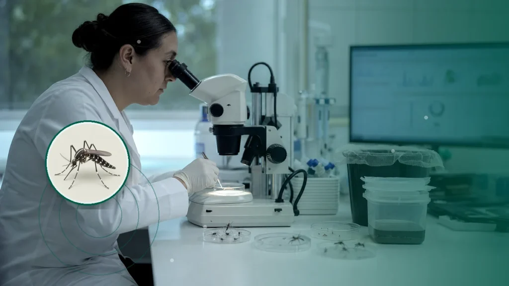Investigadora examinando mosquitos en un laboratorio entomológico. Tema: Diagnóstico de arbovirus: por qué la muestra y el momento importan (Argentina)