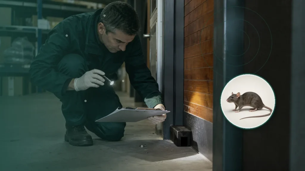 Técnico revisando indicios y una estación protegida para roedores. Tema: Leptospirosis urbana: saneamiento, residuo (Buenos Aires, Santa Fe, Entre Ríos y Centro)