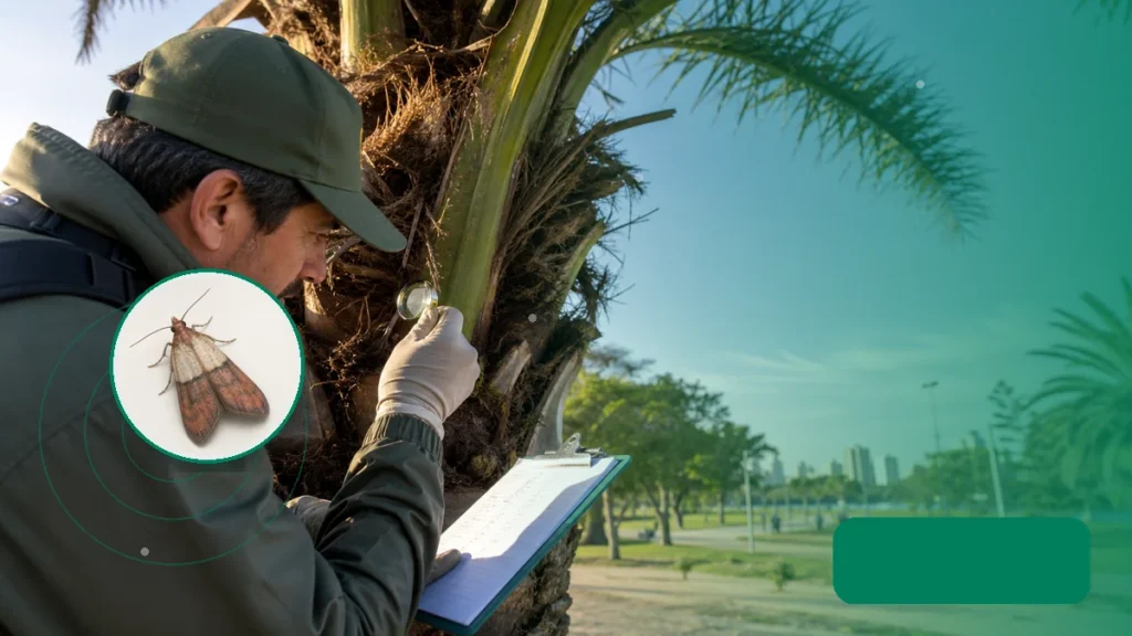 Especialista realizando vigilancia fitosanitaria en vegetación urbana. Tema: Lobesia botrana en La Pampa: vigilancia que documenta ausencia (La Pampa)