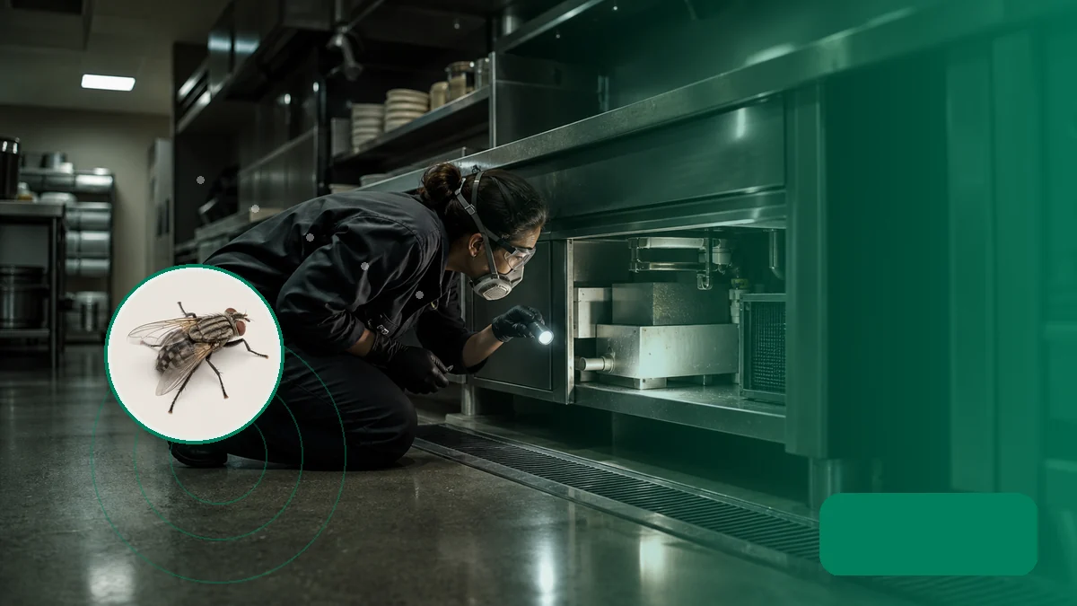 Técnica inspeccionando puntos críticos de una cocina gastronómica. Tema: Manejo integrado de plagas para gastronomía en Mar del Plata (Mar del Plata)
