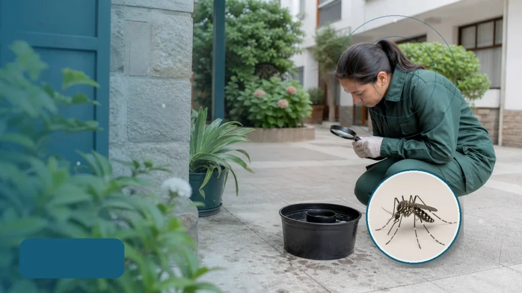 Técnica inspeccionando una ovitrampa y criaderos de mosquitos. Tema: Mar del Plata monitorea larvas de mosquitos: qué inform (Mar del Plata y General Pueyrredon)