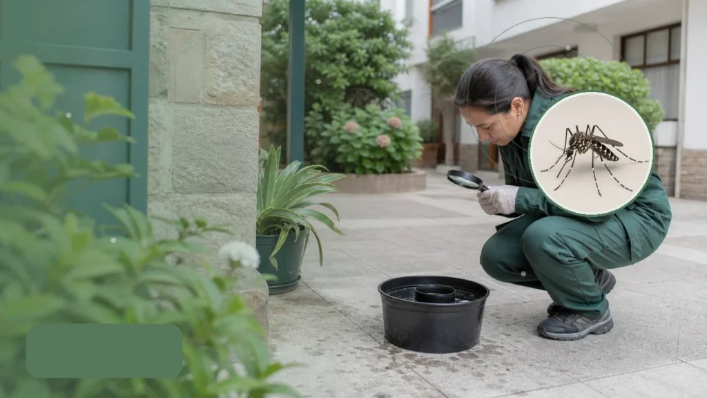 Técnica inspeccionando una ovitrampa y criaderos de mosquitos. Tema: Mosquitos después de las lluvias: por qué no todos son Aedes aegypti (Mar del Plata)