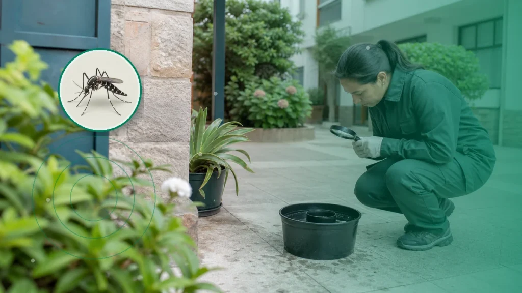 Técnica inspeccionando una ovitrampa y criaderos de mosquitos. Tema: Mosquito Take Away 2025: ciencia ciudadana para vigilar (Mar del Plata y zona de influencia)