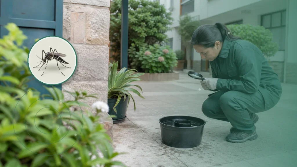 Técnica inspeccionando una ovitrampa y criaderos de mosquitos. Tema: Primera ovitrampa positiva de Aedes en Mar del Plata: qué se det (Zona sur de Mar del Plata)