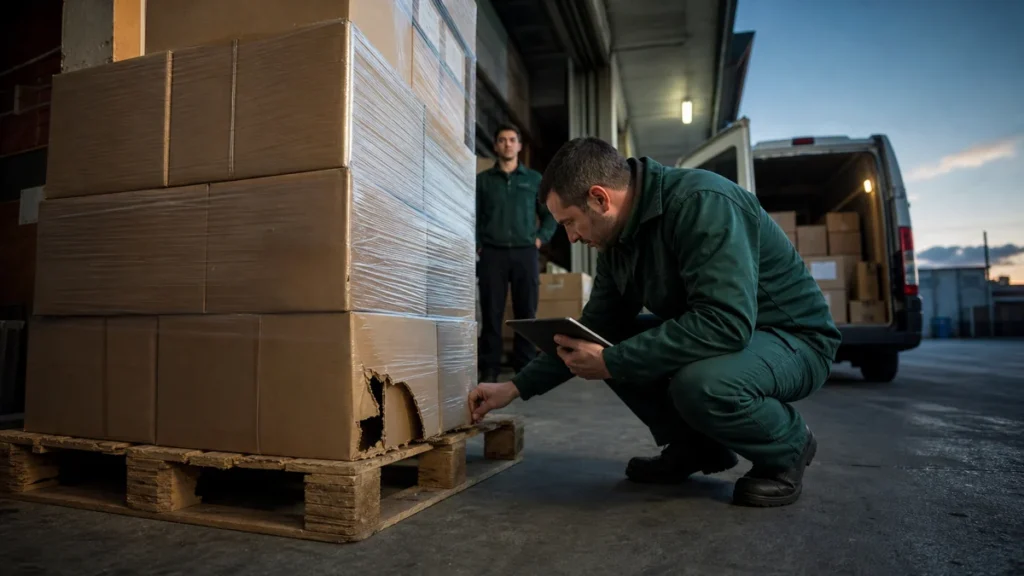 Técnico inspeccionando una carga de mercadería antes de su ingreso a un comercio de Mar del Plata.
