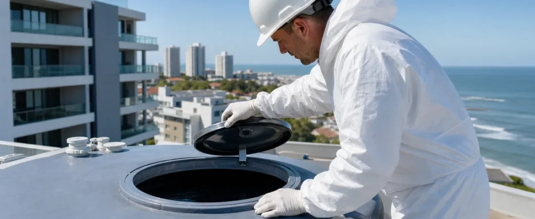 Técnico inspeccionando un tanque de agua en la terraza de un edificio de Mar del Plata