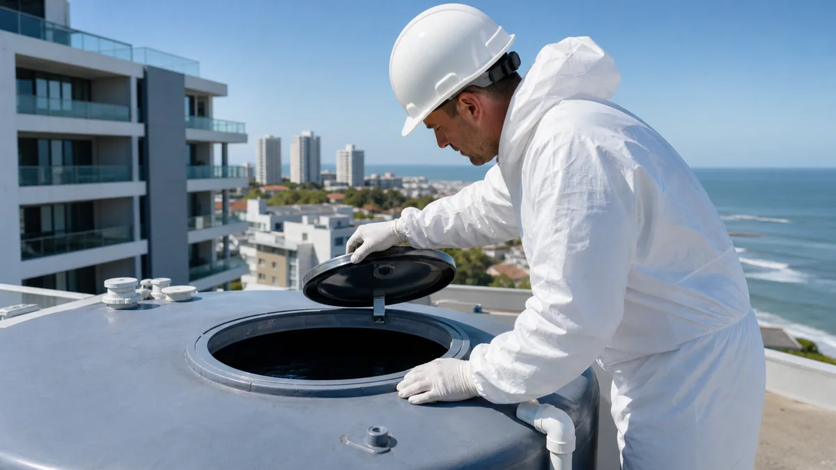 Técnico inspeccionando un tanque de agua en la terraza de un edificio de Mar del Plata